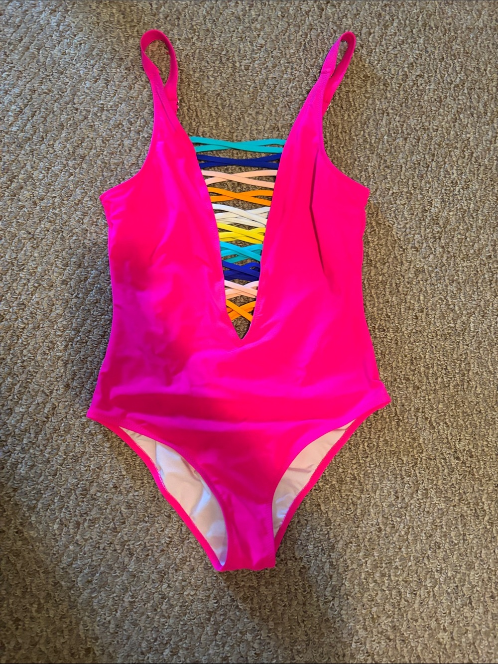 Hot Pink One-Piece Swimsuit with Rainbow Lattice Front